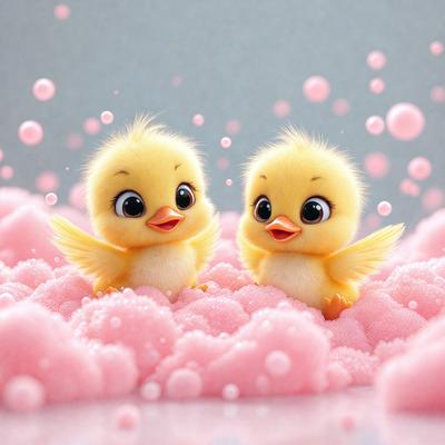 The primary subject of the image is two cartoon ducks, each with a pair of wings, sitting in a pink bubble bath. The setting is a pink and white environment, with the ducks surrounded by a pink bubble bath. The visual style is a digital art or illustration, creating a playful and whimsical atmosphere. The colors and mood are predominantly pink and white, giving the scene a lighthearted and fun vibe.